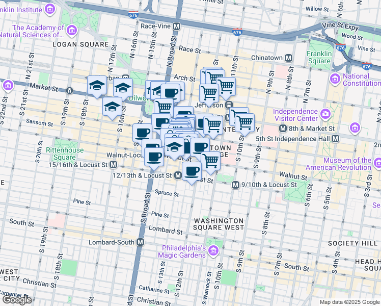 map of restaurants, bars, coffee shops, grocery stores, and more near 1213 Walnut Street in Philadelphia