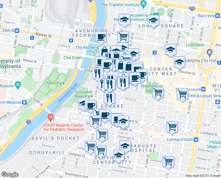 map of restaurants, bars, coffee shops, grocery stores, and more near 2223 Rittenhouse Square in Philadelphia