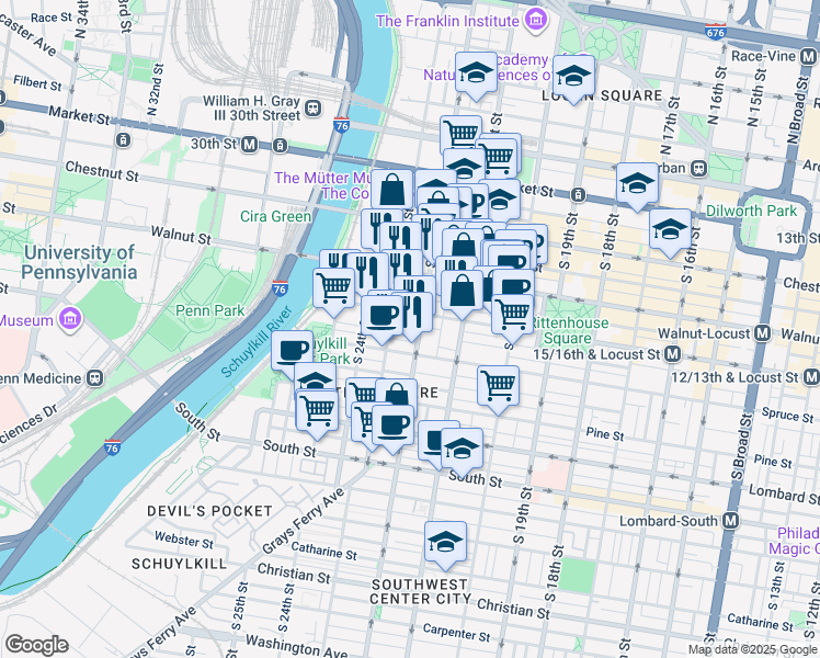 map of restaurants, bars, coffee shops, grocery stores, and more near 2207 Rittenhouse Square in Philadelphia