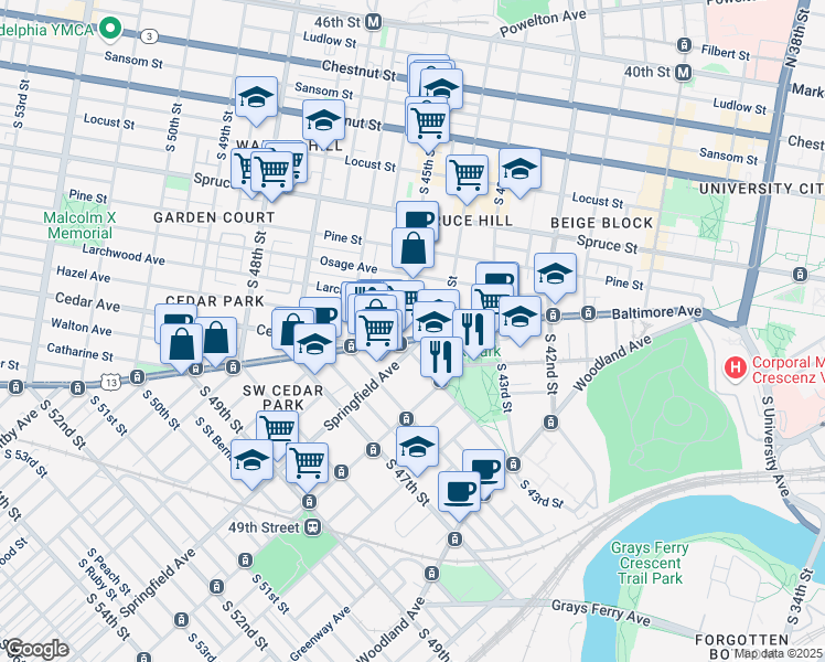 map of restaurants, bars, coffee shops, grocery stores, and more near 532 South 45th Street in Philadelphia