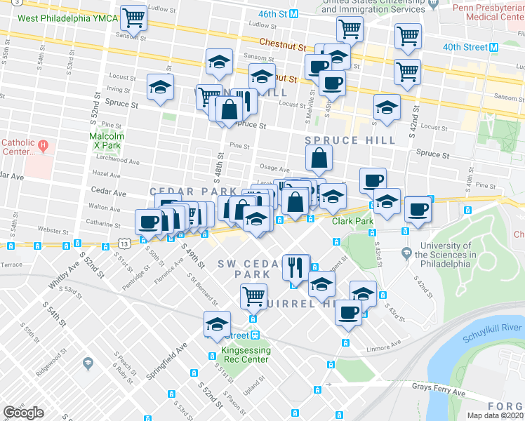 map of restaurants, bars, coffee shops, grocery stores, and more near 4623 Cedar Avenue in Philadelphia
