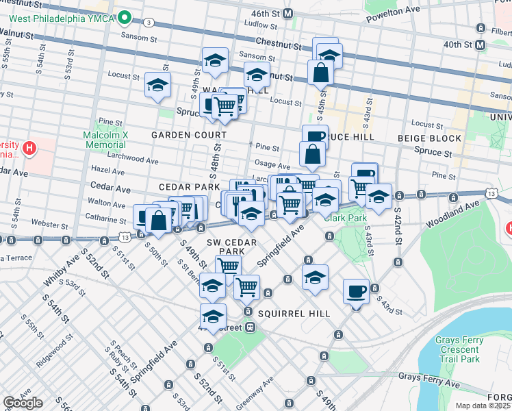 map of restaurants, bars, coffee shops, grocery stores, and more near 4623 Cedar Avenue in Philadelphia