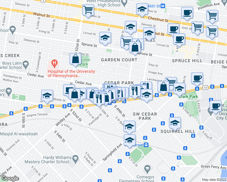 map of restaurants, bars, coffee shops, grocery stores, and more near 4836 Cedar Avenue in Philadelphia