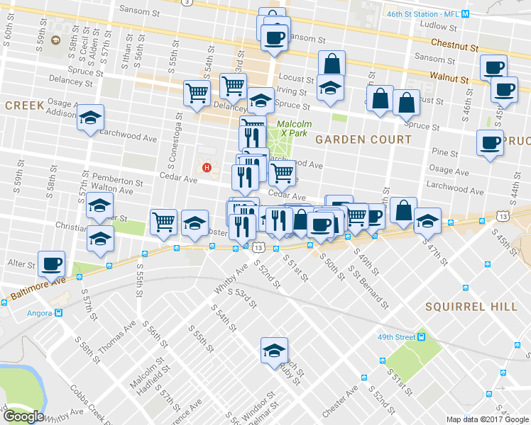 map of restaurants, bars, coffee shops, grocery stores, and more near 5134 Walton Avenue in Philadelphia