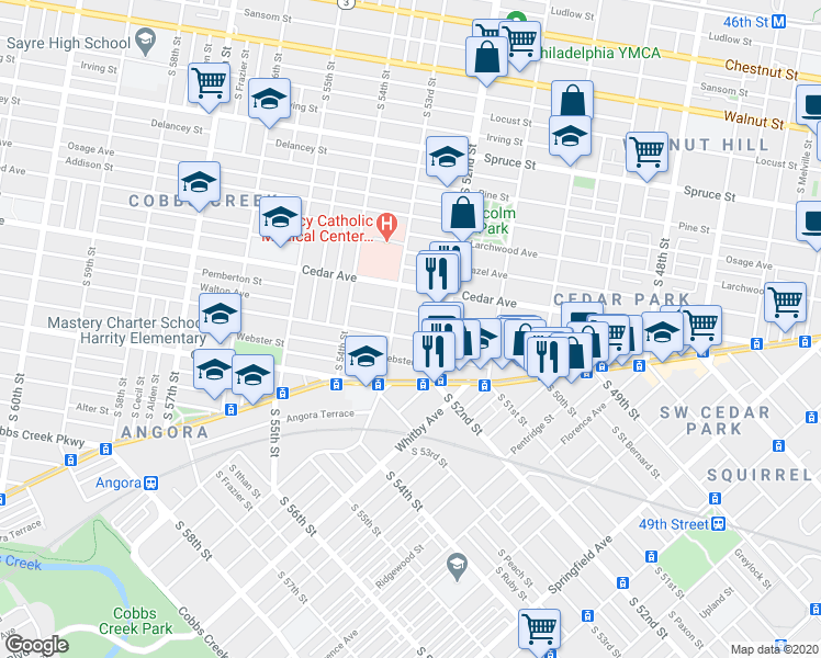 map of restaurants, bars, coffee shops, grocery stores, and more near 5216 Walton Avenue in Philadelphia