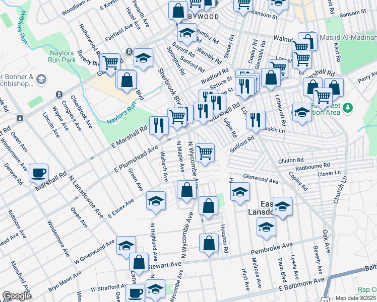 map of restaurants, bars, coffee shops, grocery stores, and more near 297 North Maple Avenue in Lansdowne