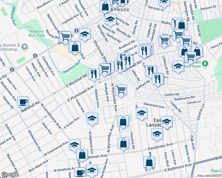 map of restaurants, bars, coffee shops, grocery stores, and more near 292 North Wycombe Avenue in Lansdowne