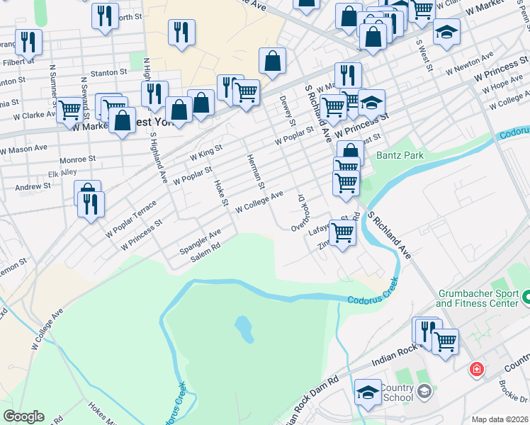 map of restaurants, bars, coffee shops, grocery stores, and more near 314 Herman Street in York