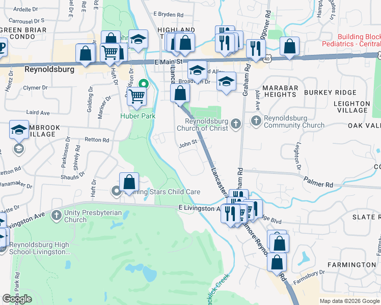 map of restaurants, bars, coffee shops, grocery stores, and more near 1713 Blacklick Creek Drive in Reynoldsburg