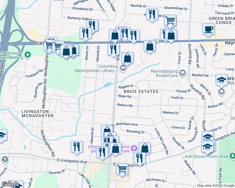 map of restaurants, bars, coffee shops, grocery stores, and more near 6276 Rider Road in Reynoldsburg