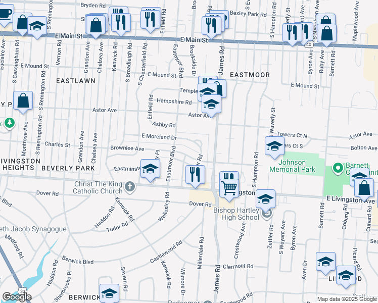 map of restaurants, bars, coffee shops, grocery stores, and more near 1049 South Kellner Road in Columbus