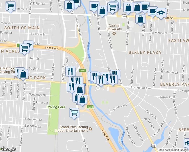 map of restaurants, bars, coffee shops, grocery stores, and more near 909 Mayfield Place in Bexley