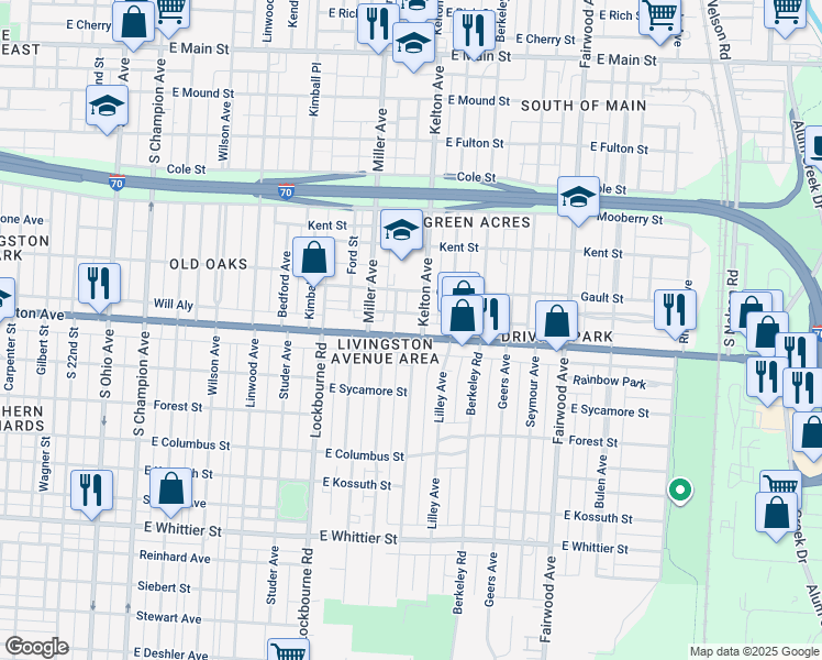 map of restaurants, bars, coffee shops, grocery stores, and more near 1444 East Livingston Avenue in Columbus