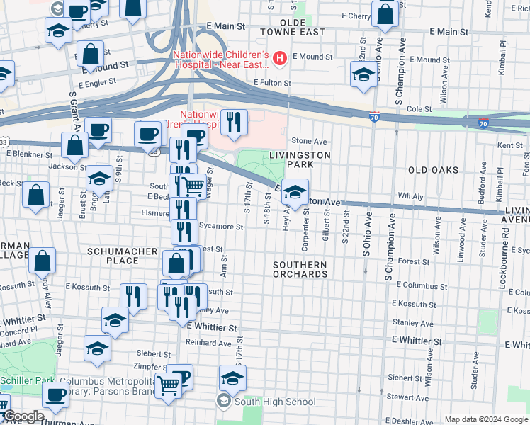 map of restaurants, bars, coffee shops, grocery stores, and more near 720 South 17th Street in Columbus
