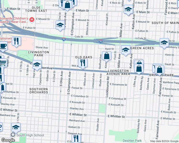 map of restaurants, bars, coffee shops, grocery stores, and more near 1169 U.S. 33 in Columbus