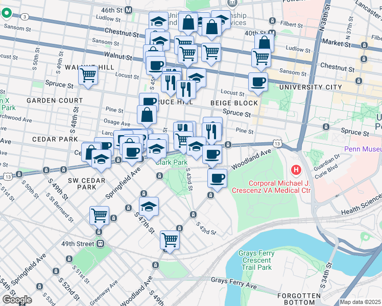 map of restaurants, bars, coffee shops, grocery stores, and more near 4224 Baltimore Avenue in Philadelphia