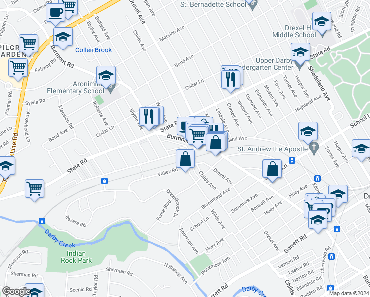 map of restaurants, bars, coffee shops, grocery stores, and more near 4333 Woodland Avenue in Drexel Hill