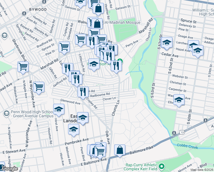 map of restaurants, bars, coffee shops, grocery stores, and more near 6958 Guilford Road in Delaware County