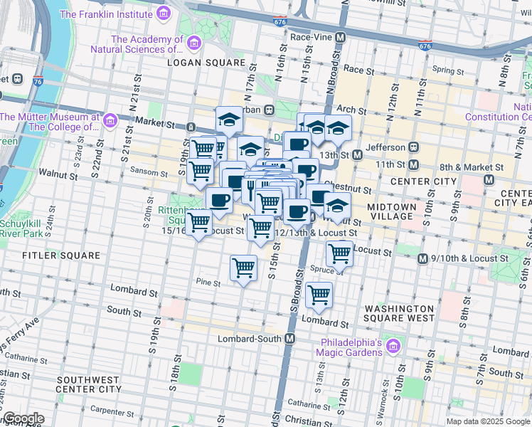 map of restaurants, bars, coffee shops, grocery stores, and more near 1508 Walnut Street in Philadelphia