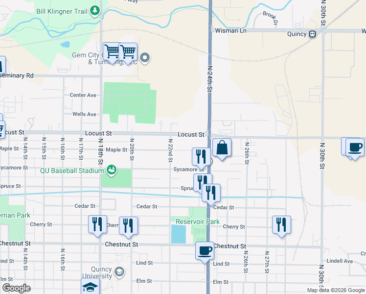 map of restaurants, bars, coffee shops, grocery stores, and more near 2221 Maple Street in Quincy