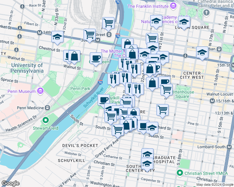 map of restaurants, bars, coffee shops, grocery stores, and more near 253 South 25th Street in Philadelphia