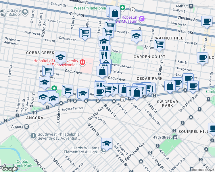 map of restaurants, bars, coffee shops, grocery stores, and more near 5134 Walton Avenue in Philadelphia
