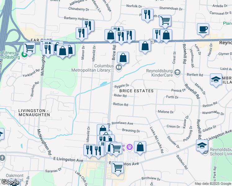 map of restaurants, bars, coffee shops, grocery stores, and more near 6276 Rider Road in Reynoldsburg
