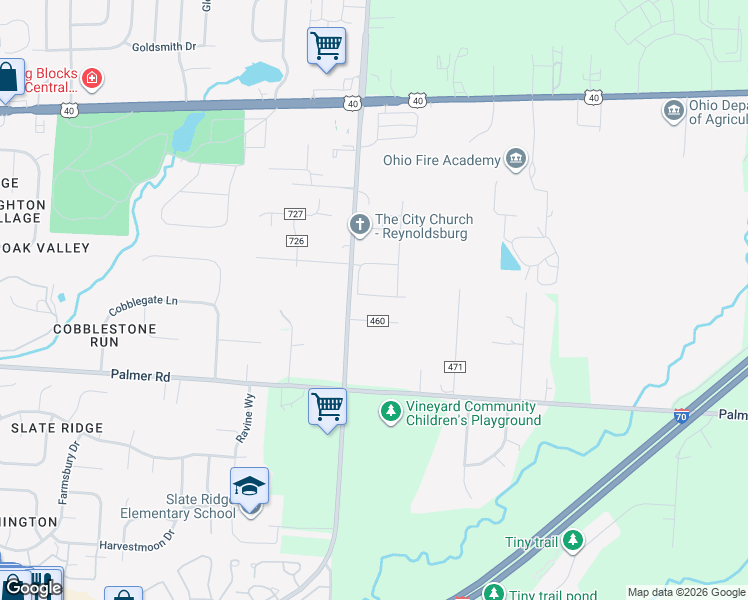 map of restaurants, bars, coffee shops, grocery stores, and more near 8425 Gracie's Trail in Reynoldsburg