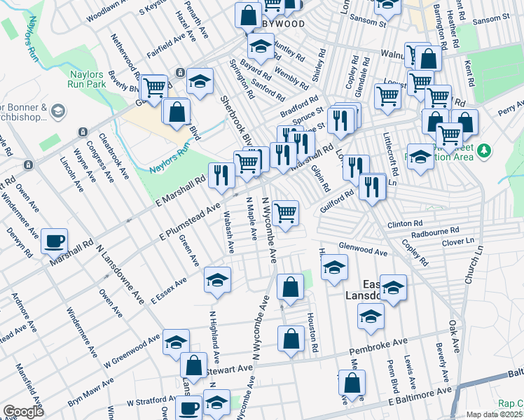 map of restaurants, bars, coffee shops, grocery stores, and more near 292 North Wycombe Avenue in Lansdowne