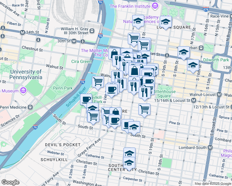 map of restaurants, bars, coffee shops, grocery stores, and more near 2223 Rittenhouse Square in Philadelphia