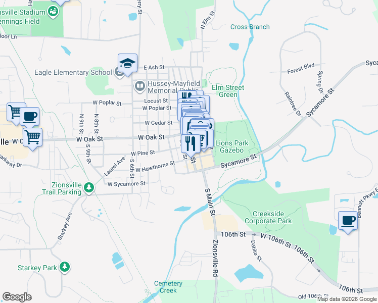 map of restaurants, bars, coffee shops, grocery stores, and more near 240 South 1st Street in Zionsville