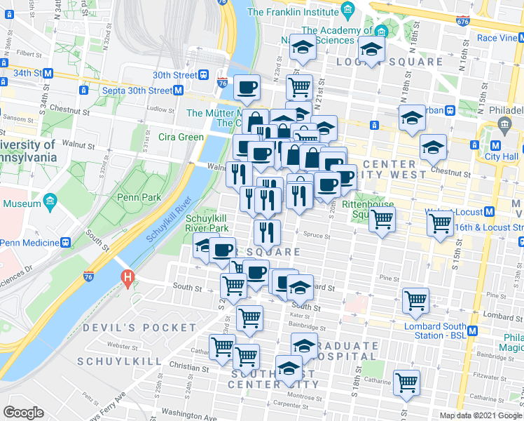 map of restaurants, bars, coffee shops, grocery stores, and more near 2217 Rittenhouse Square in Philadelphia
