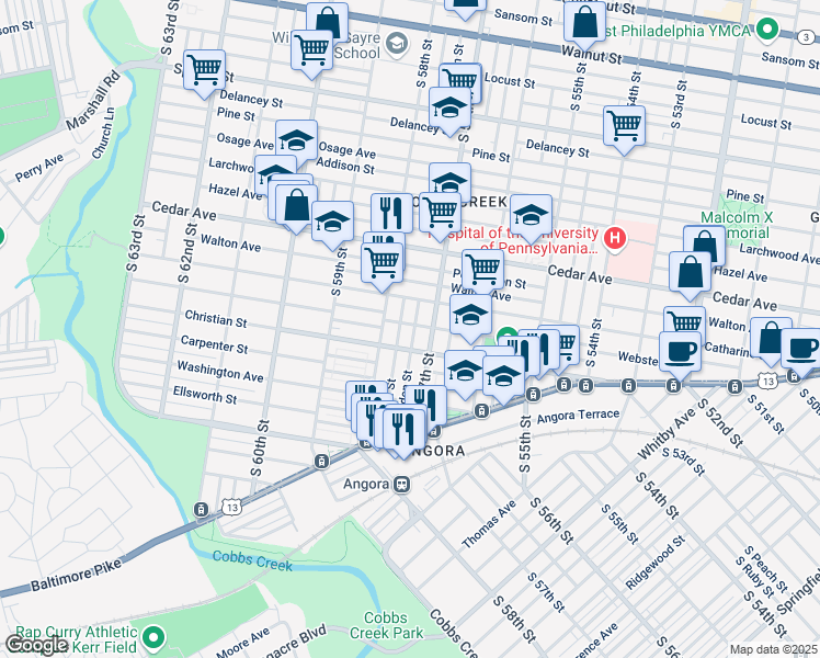 map of restaurants, bars, coffee shops, grocery stores, and more near 732 South Alden Street in Philadelphia
