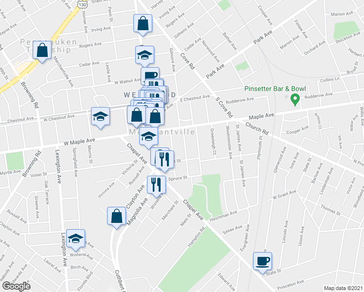 map of restaurants, bars, coffee shops, grocery stores, and more near 120 Woodlawn Avenue in Merchantville