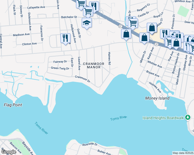 map of restaurants, bars, coffee shops, grocery stores, and more near 15 Maple St in Toms River