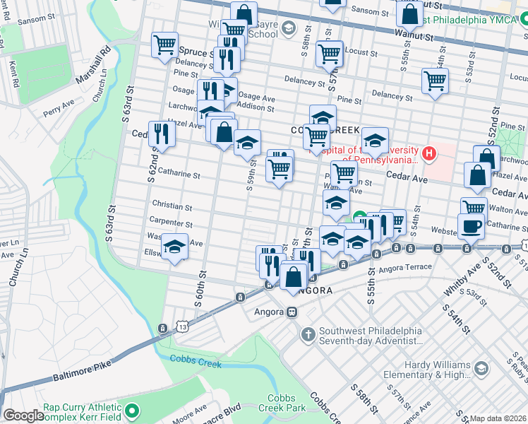 map of restaurants, bars, coffee shops, grocery stores, and more near 5830 Norfolk Street in Philadelphia