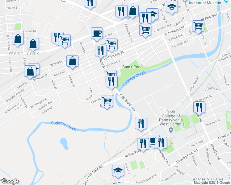 map of restaurants, bars, coffee shops, grocery stores, and more near 400 South Richland Avenue in York