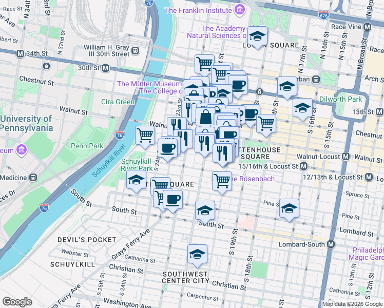 map of restaurants, bars, coffee shops, grocery stores, and more near 2128 Locust Street in Philadelphia