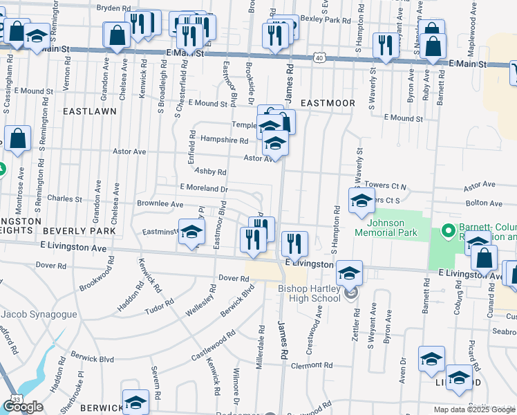 map of restaurants, bars, coffee shops, grocery stores, and more near 1049 South Kellner Road in Columbus