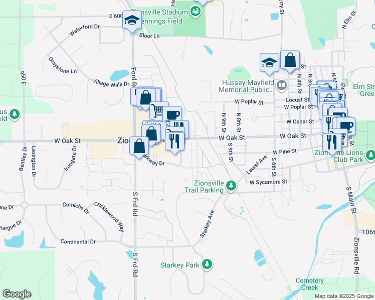 map of restaurants, bars, coffee shops, grocery stores, and more near 110 Manchester Drive in Zionsville
