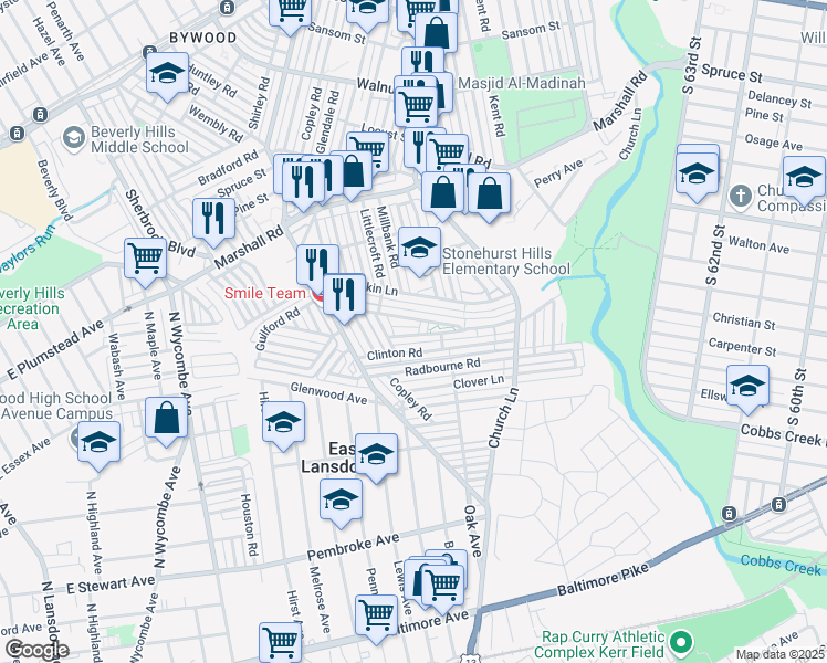 map of restaurants, bars, coffee shops, grocery stores, and more near 7015 Aberdeen Road in Upper Darby