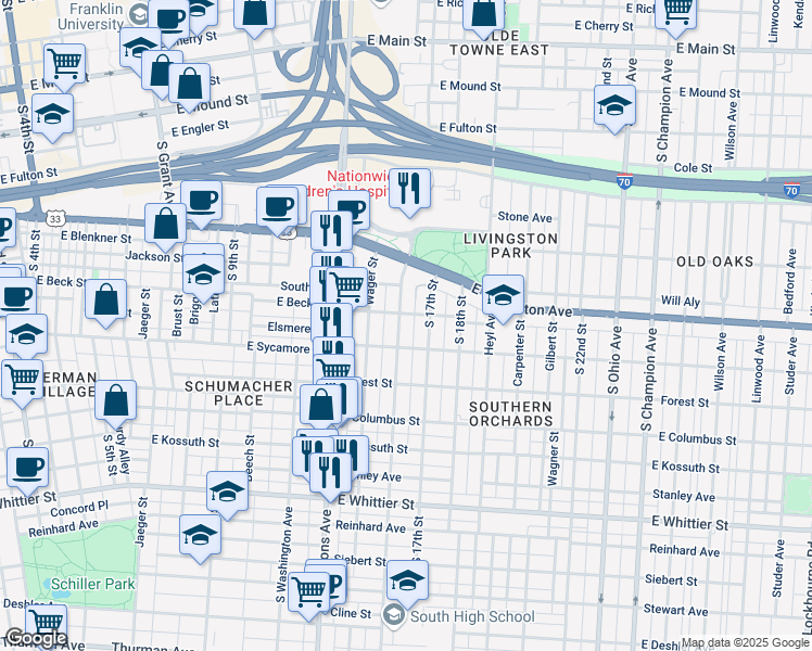map of restaurants, bars, coffee shops, grocery stores, and more near 718 Ann Street in Columbus