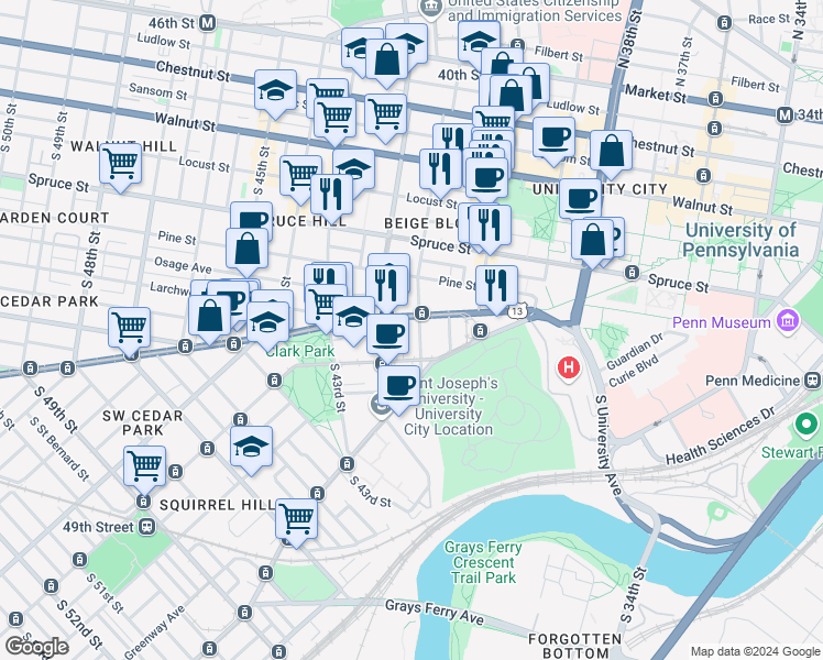 map of restaurants, bars, coffee shops, grocery stores, and more near 502 South 41st Street in Philadelphia