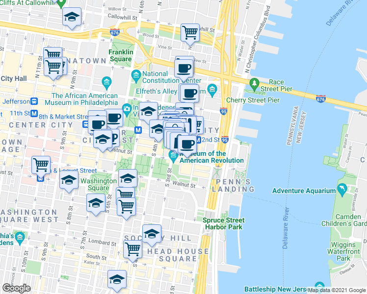 map of restaurants, bars, coffee shops, grocery stores, and more near 11 Bank Street in Philadelphia