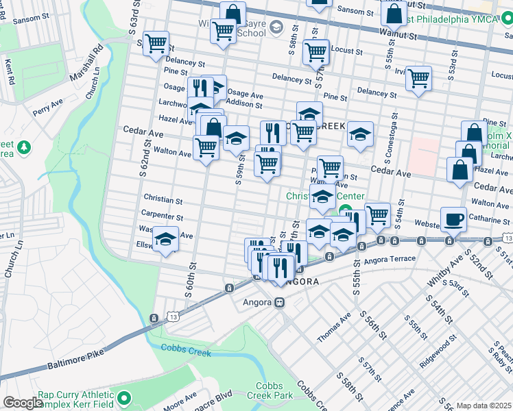 map of restaurants, bars, coffee shops, grocery stores, and more near 5820 Norfolk Street in Philadelphia