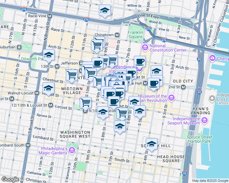 map of restaurants, bars, coffee shops, grocery stores, and more near 729 Sansom Street in Philadelphia