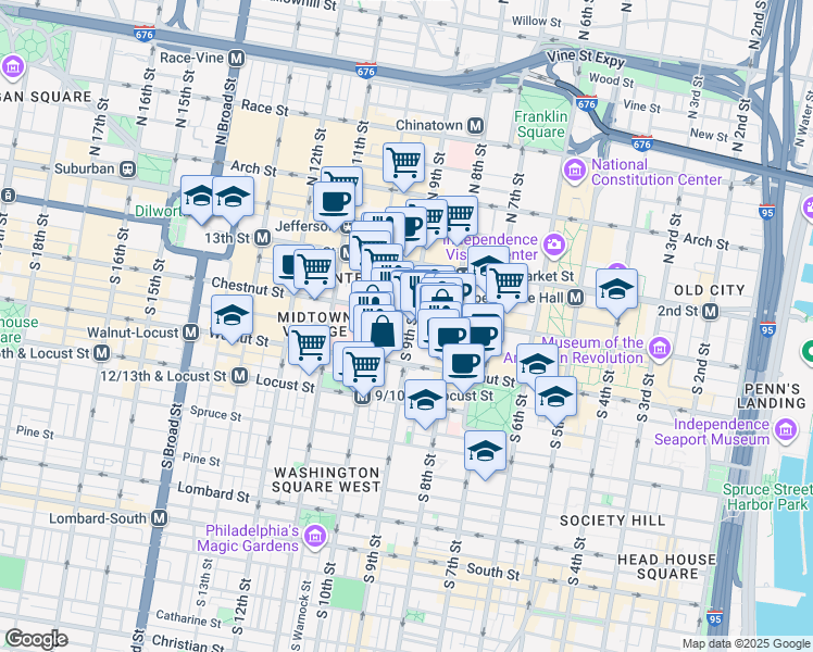 map of restaurants, bars, coffee shops, grocery stores, and more near 900 Chestnut Street in Philadelphia