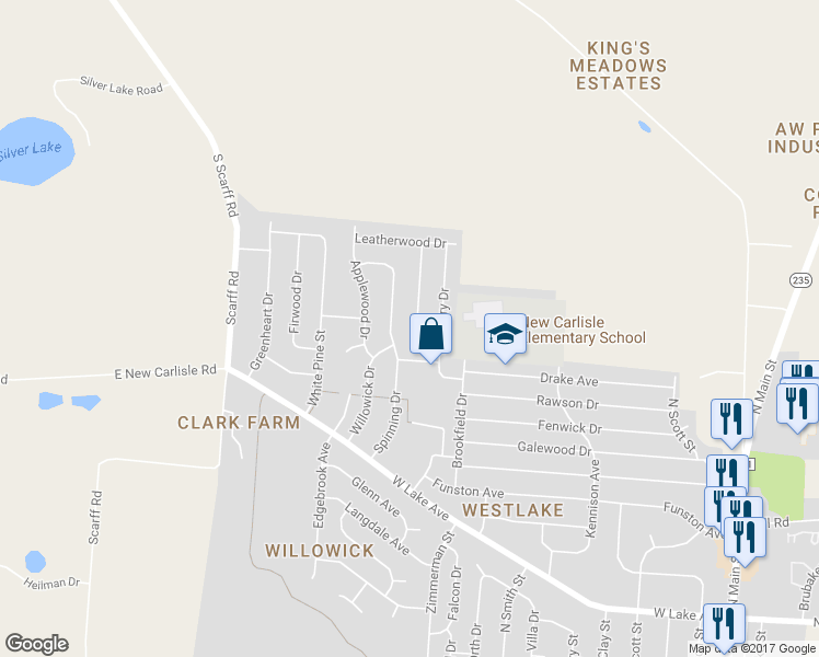 map of restaurants, bars, coffee shops, grocery stores, and more near 809 Plumwood Dr in New Carlisle