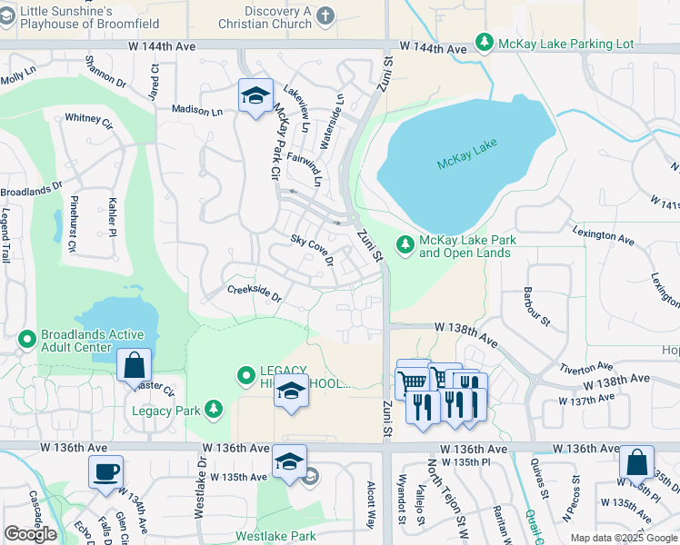 map of restaurants, bars, coffee shops, grocery stores, and more near 13944 Sky Cove Drive in Broomfield