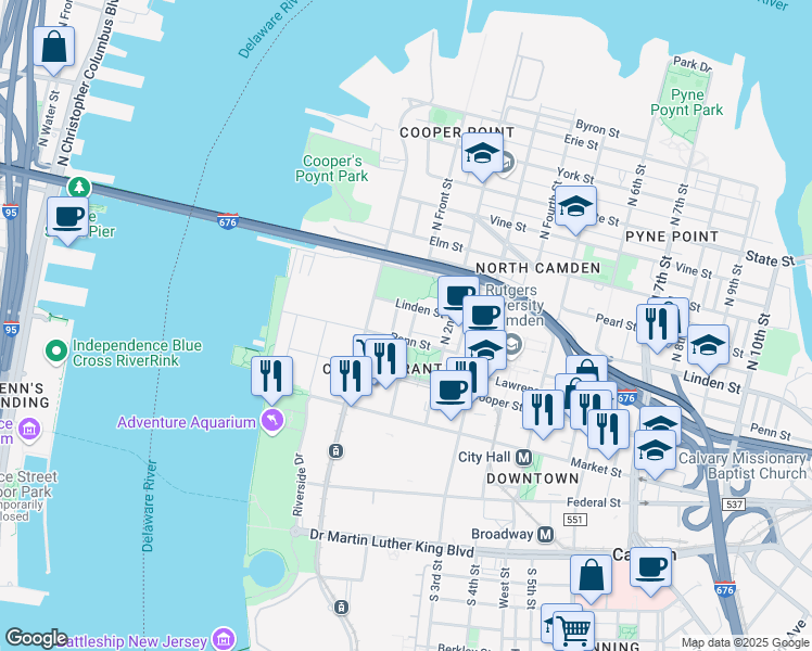 map of restaurants, bars, coffee shops, grocery stores, and more near 323 North Front Street in Camden
